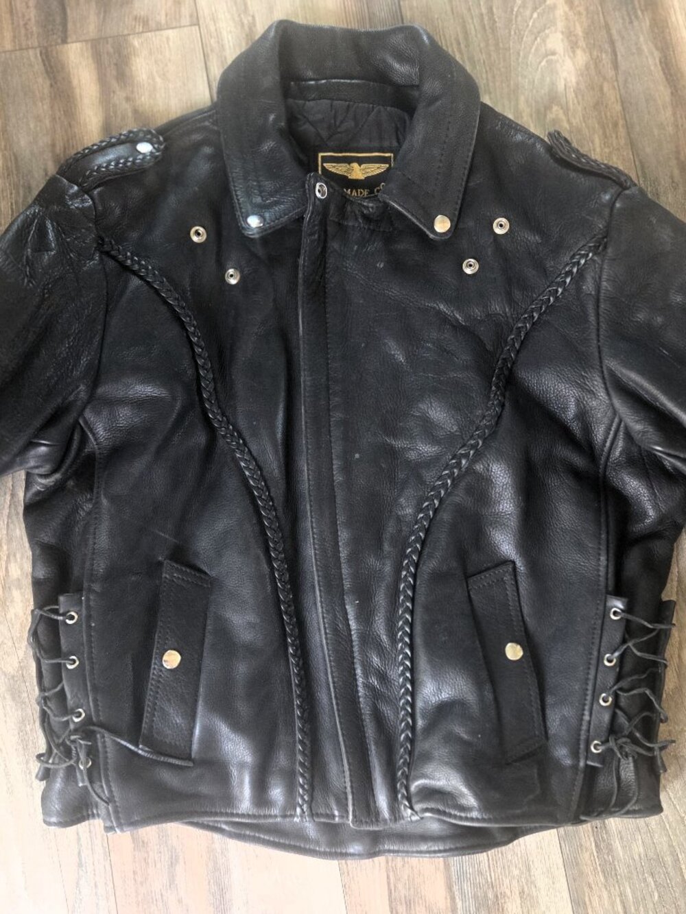 Vintage U.S. Made Co. Black Leather Motorcycle Jacket with Braided Trim.